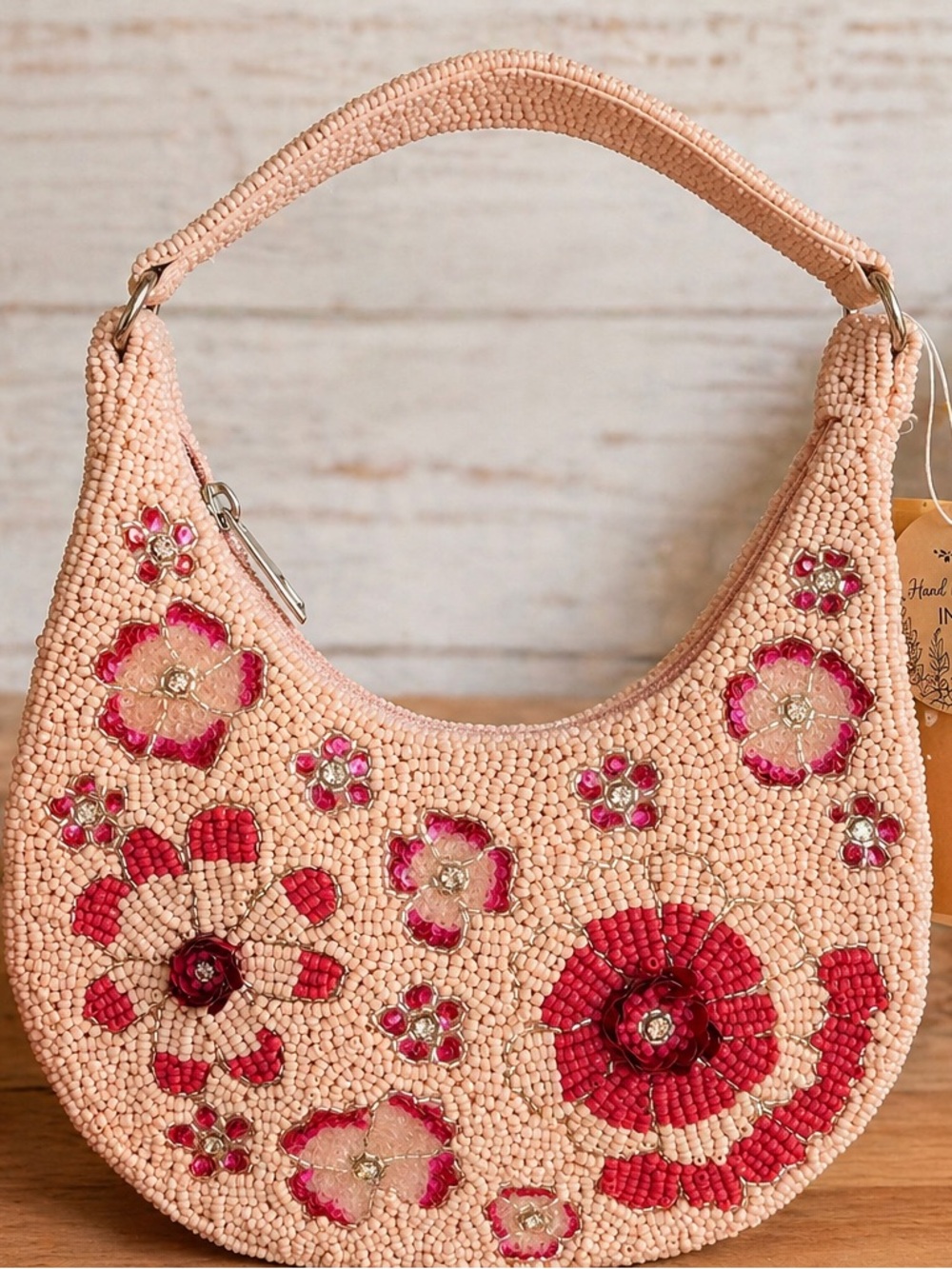 Handmade Pink Beaded Floral Shoulder Bag, Made in India.